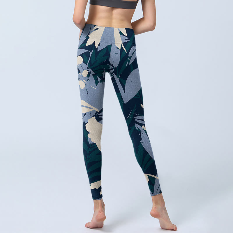 Buddha Stones Blaue Pflanzenblätter Print Gym Leggings Damen Yogahose - image 7