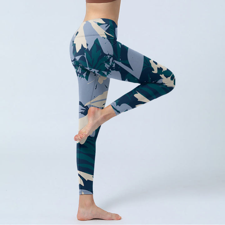 Buddha Stones Blaue Pflanzenblätter Print Gym Leggings Damen Yogahose - image 5