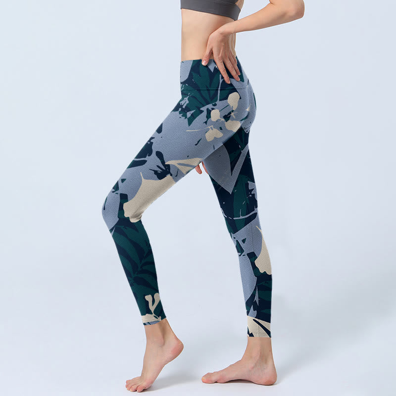 Buddha Stones Blaue Pflanzenblätter Print Gym Leggings Damen Yogahose - image 3