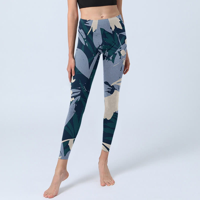 Buddha Stones Blaue Pflanzenblätter Print Gym Leggings Damen Yogahose - image 6
