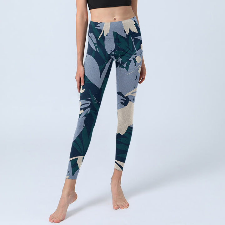 Buddha Stones Blaue Pflanzenblätter Print Gym Leggings Damen Yogahose - image 6