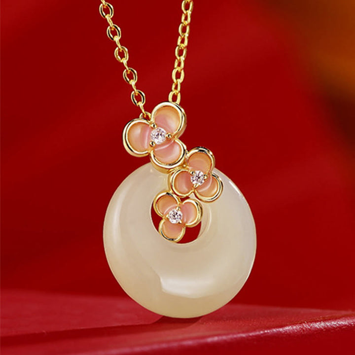 Buddha Stones 925 Sterling Silber Natürliche Hetian Jade Pfirsichblüte Friedensschnalle Zirkon Glücksarmband Halskette Anhänger - Jade-Halskette - image 10