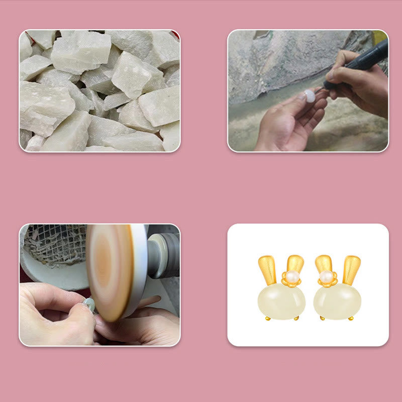 Buddha Stones 925 Sterling Silber Natürliche Hetian Jade Niedliche Kaninchen Perle Fülle Ohrringe - image 9