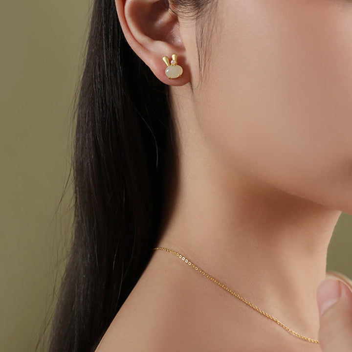 Buddha Stones 925 Sterling Silber Natürliche Hetian Jade Niedliche Kaninchen Perle Fülle Ohrringe - image 5