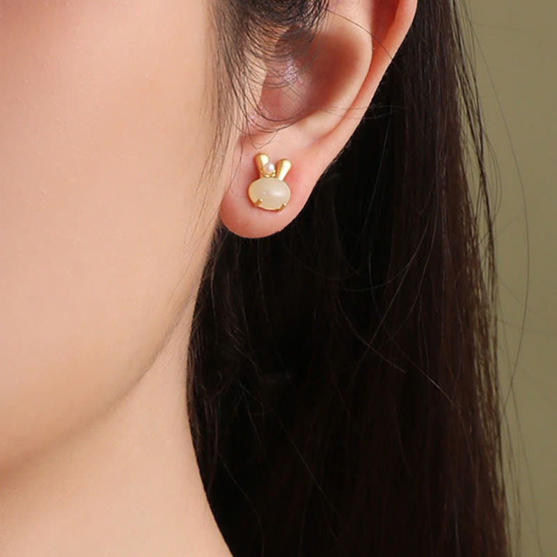 Buddha Stones 925 Sterling Silber Natürliche Hetian Jade Niedliche Kaninchen Perle Fülle Ohrringe - image 4