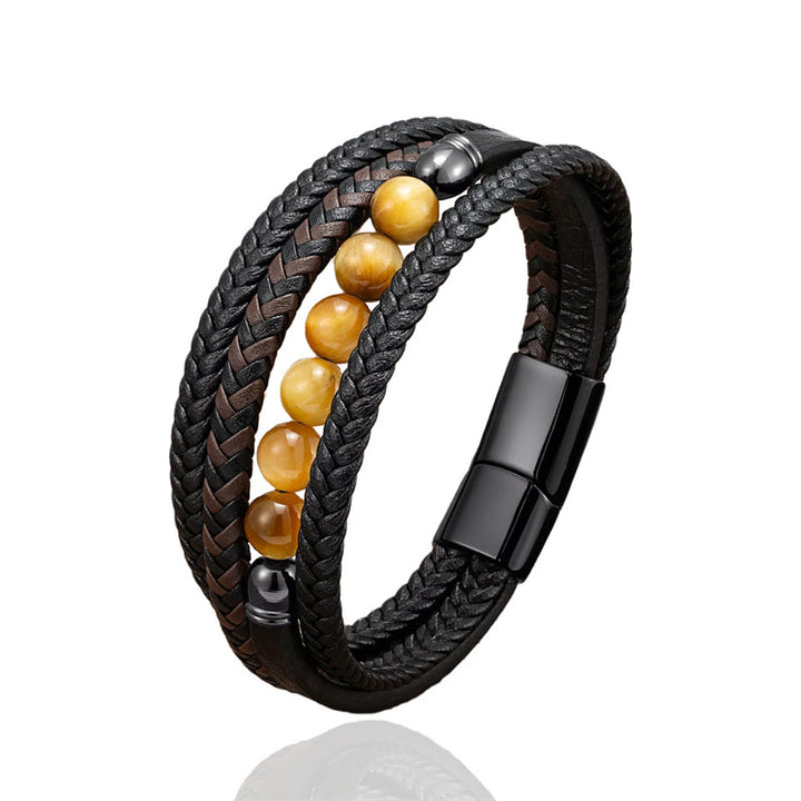 Buddha Stones Tigerauge Lavastein Schwarzer Onyx Lazurit Hämatit Perle Positive Lederarmband