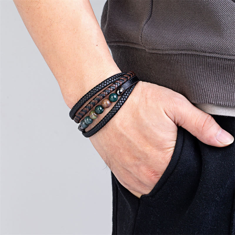 Buddha Stones Tigerauge Lavastein Schwarzer Onyx Lazurit Hämatit Perle Positive Lederarmband