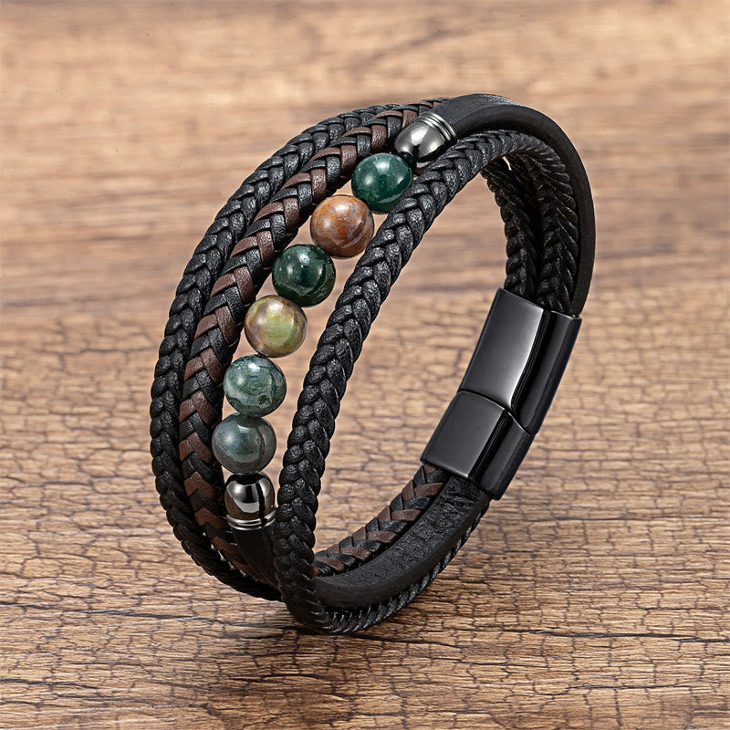 Buddha Stones Tigerauge Lavastein Schwarzer Onyx Lazurit Hämatit Perle Positive Lederarmband