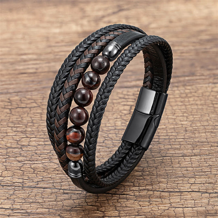 Buddha Stones Tigerauge Lavastein Schwarzer Onyx Lazurit Hämatit Perle Positive Lederarmband