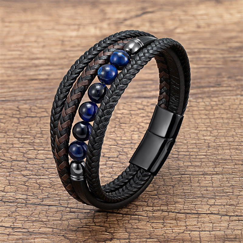 Buddha Stones Tigerauge Lavastein Schwarzer Onyx Lazurit Hämatit Perle Positive Lederarmband