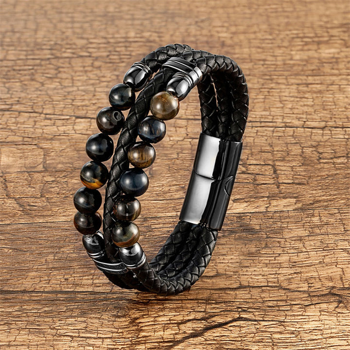 Buddha Stones Tigerauge Hämatit Lavastein Schwarzer Onyx Lazurit Perlen Schutz Stärke Lederarmband