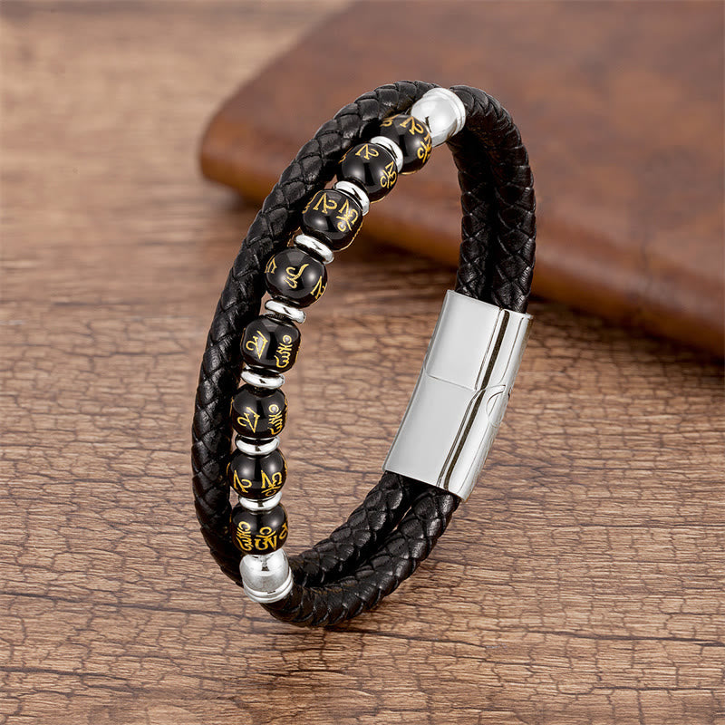 Buddha Stones, schwarzer Onyx, Türkis, Tigerauge, roter Achat, Om Mani Padme Hum, Stärke, Lederarmband