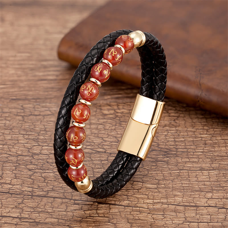 Buddha Stones, schwarzer Onyx, Türkis, Tigerauge, roter Achat, Om Mani Padme Hum, Stärke, Lederarmband