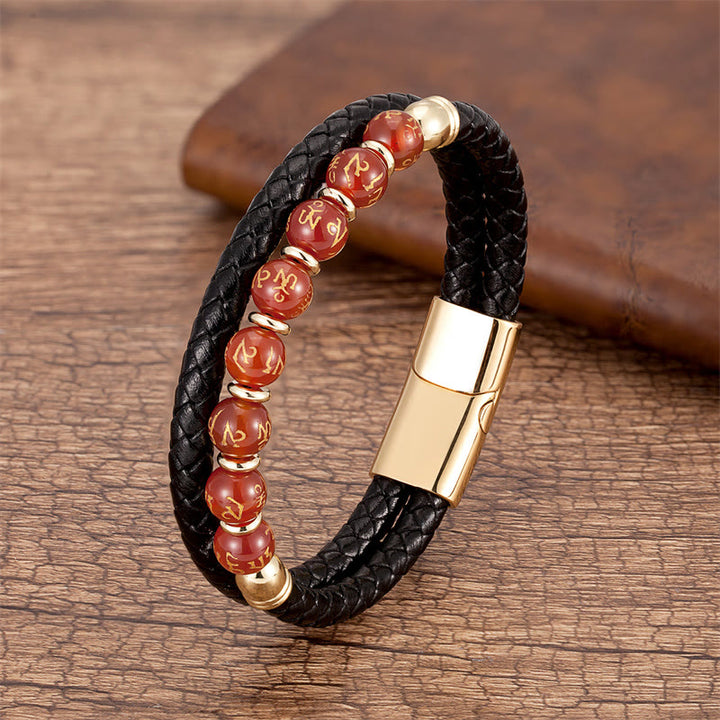 Buddha Stones, schwarzer Onyx, Türkis, Tigerauge, roter Achat, Om Mani Padme Hum, Stärke, Lederarmband
