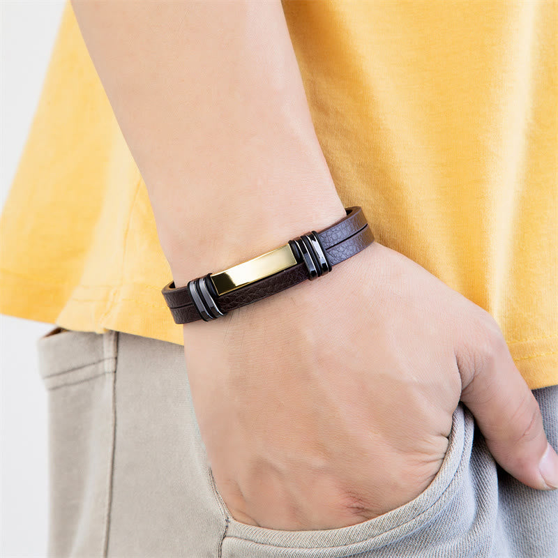 Buddha Stones Balance-Armband mit Schnalle aus braunem Leder und Titanstahl