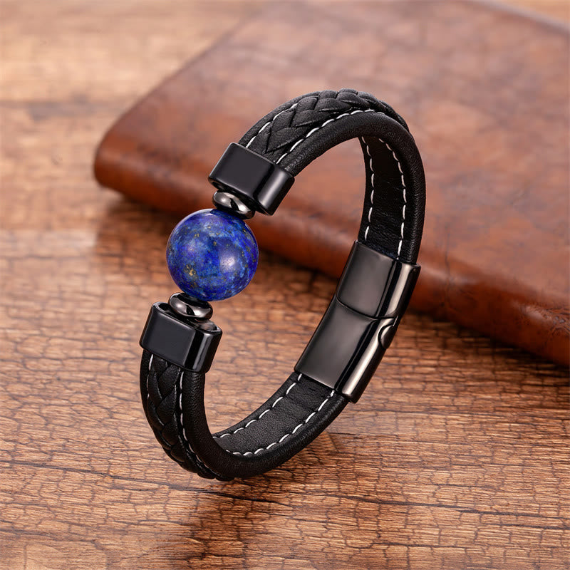 Buddha Stones, Lazurite, schwarzer Onyx, Tigerauge, Lavastein, Om Mani Padme Hum, Serenity-Lederarmband