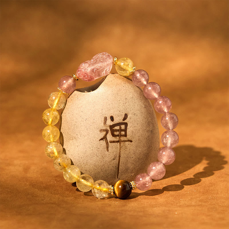 Buddha Stones Erdbeerquarz Pixiu Rutilquarz Perlen Heilung Armband