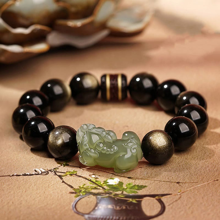 Buddha Stones Natürliches Goldglanz-Obsidian-Hetian-Cyan-Jade- Weiß -Jade-PiXiu-Reichtumsarmband
