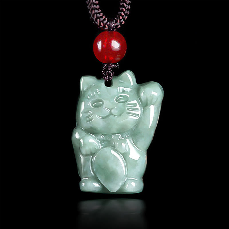 Buddha Stones Glückskatze Jade Fülle Halskette Anhänger - Bohnengrüne Jade - image 1
