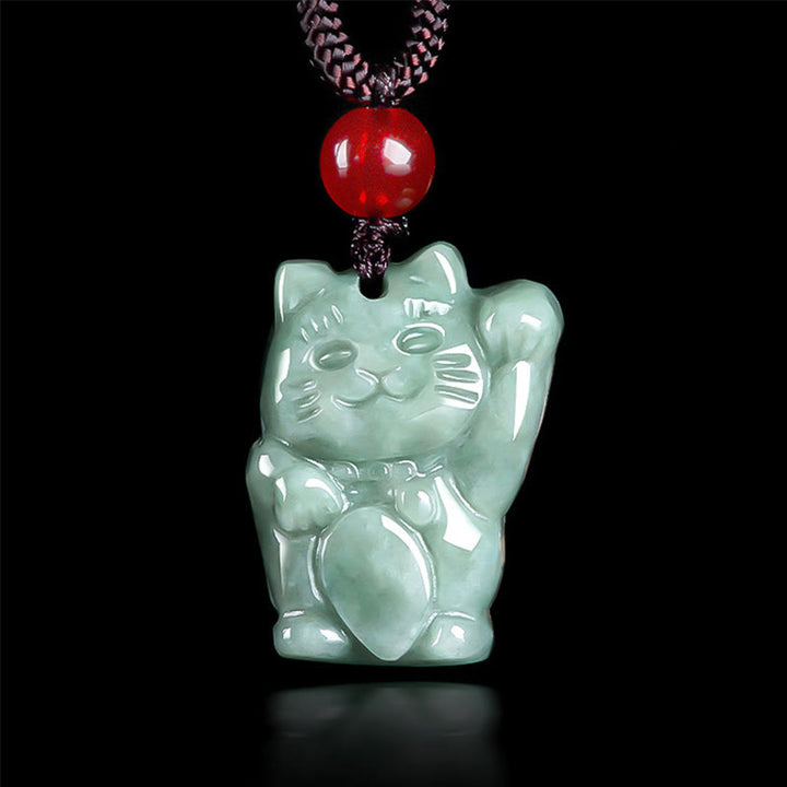 Buddha Stones Glückskatze Jade Fülle Halskette Anhänger - Bohnengrüne Jade - image 1
