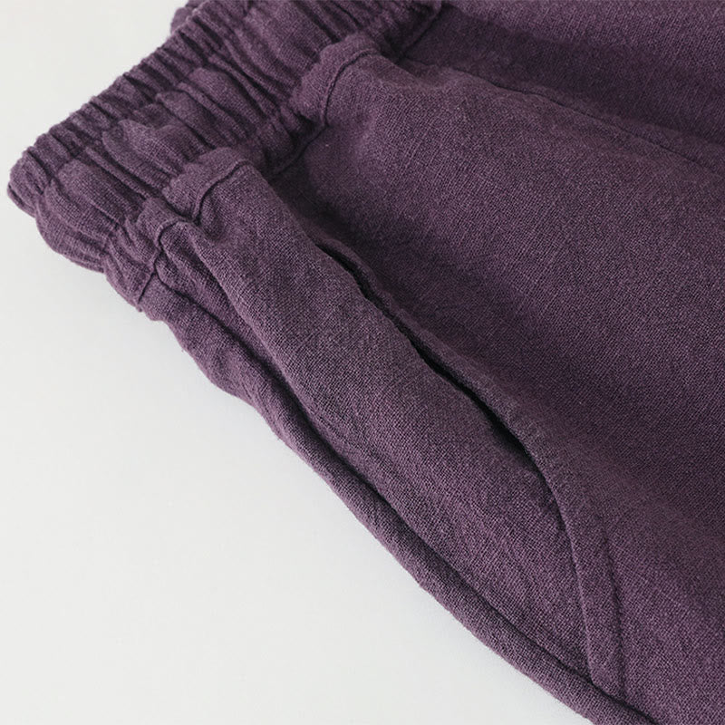 Buddha Stones Lässige, schlichte, lockere, gerade geschnittene Hose aus Ramie-Baumwolle für Damen mit weitem Bein und Taschen