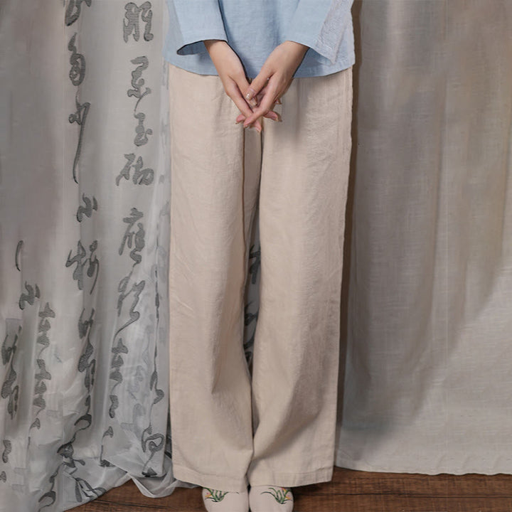 Buddha Stones Lässige, schlichte, lockere, gerade geschnittene Hose aus Ramie-Baumwolle für Damen mit weitem Bein und Taschen