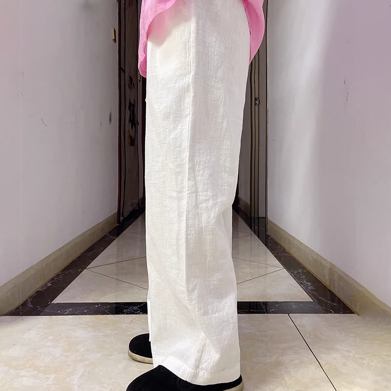 Buddha Stones Lässige, schlichte, lockere, gerade geschnittene Hose aus Ramie-Baumwolle für Damen mit weitem Bein und Taschen