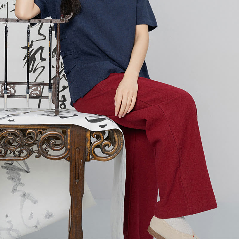 Buddha Stones Lässige, schlichte, lockere, gerade geschnittene Hose aus Ramie-Baumwolle für Damen mit weitem Bein und Taschen