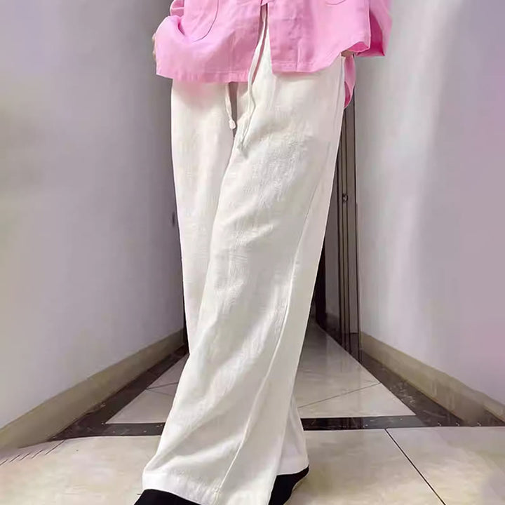 Buddha Stones Lässige, schlichte, lockere, gerade geschnittene Hose aus Ramie-Baumwolle für Damen mit weitem Bein und Taschen