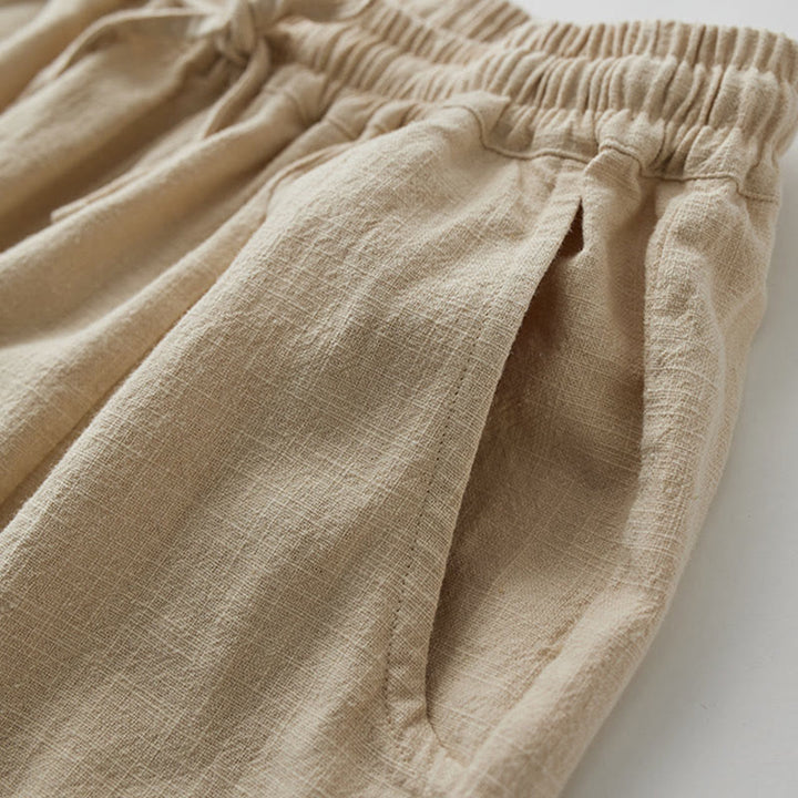 Buddha Stones Lässige, schlichte, lockere, gerade geschnittene Hose aus Ramie-Baumwolle für Damen mit weitem Bein und Taschen