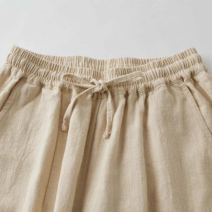 Buddha Stones Lässige, schlichte, lockere, gerade geschnittene Hose aus Ramie-Baumwolle für Damen mit weitem Bein und Taschen