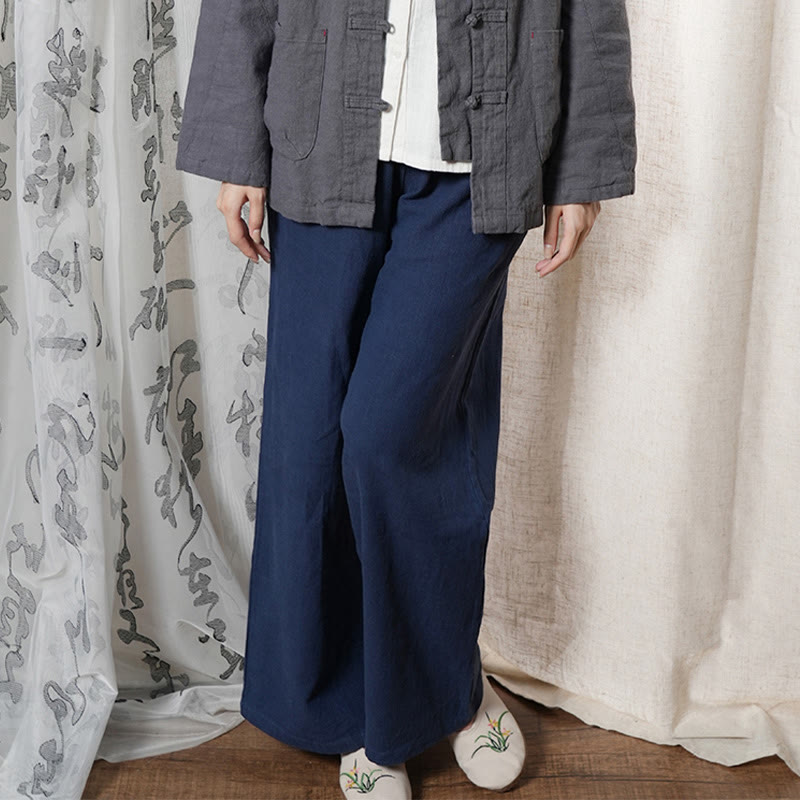 Buddha Stones Lässige, schlichte, lockere, gerade geschnittene Hose aus Ramie-Baumwolle für Damen mit weitem Bein und Taschen