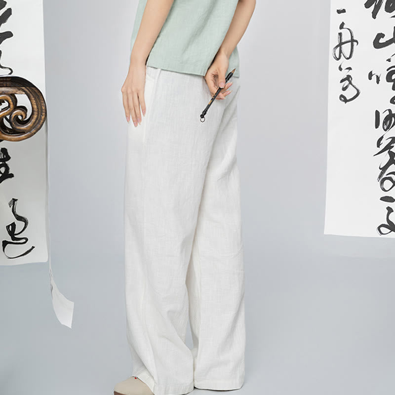 Buddha Stones Lässige, schlichte, lockere, gerade geschnittene Hose aus Ramie-Baumwolle für Damen mit weitem Bein und Taschen