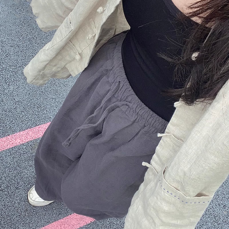 Buddha Stones Lässige, schlichte, lockere, gerade geschnittene Hose aus Ramie-Baumwolle für Damen mit weitem Bein und Taschen