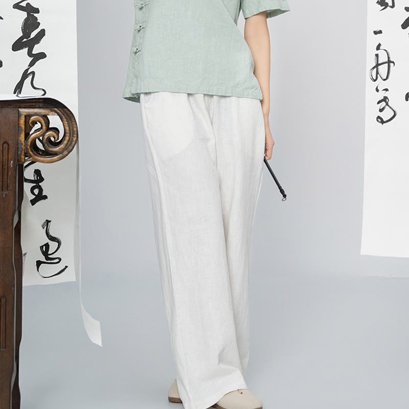 Buddha Stones Lässige, schlichte, lockere, gerade geschnittene Hose aus Ramie-Baumwolle für Damen mit weitem Bein und Taschen