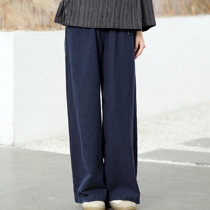 Buddha Stones Lässige, schlichte, lockere, gerade geschnittene Hose aus Ramie-Baumwolle für Damen mit weitem Bein und Taschen