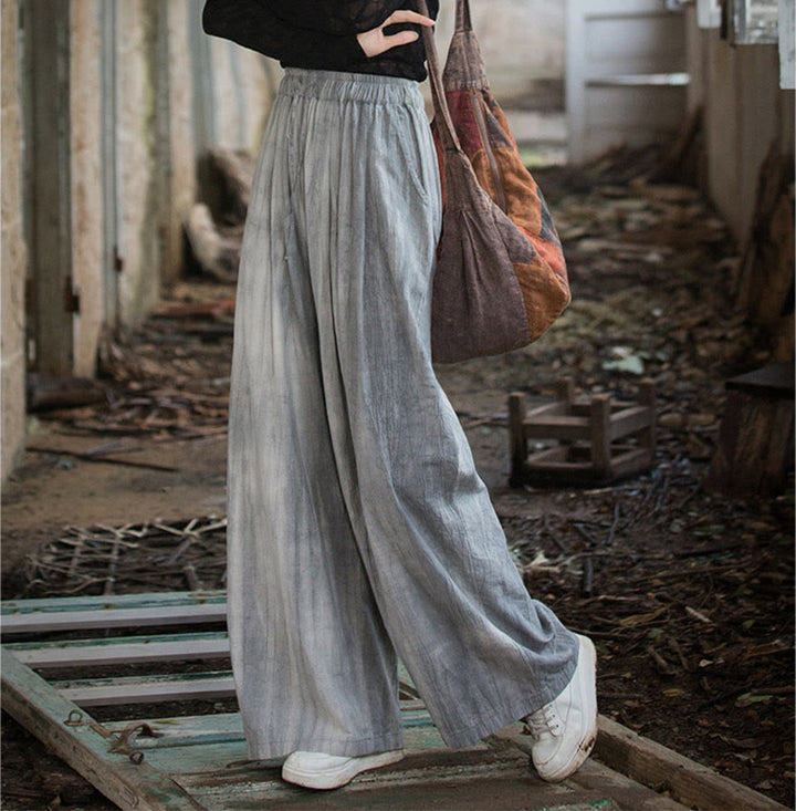 Buddha Stones Lässige, schlichte, lockere, handgemachte Batikhose aus Ramie-Baumwolle für Damen mit weitem Bein und Taschen