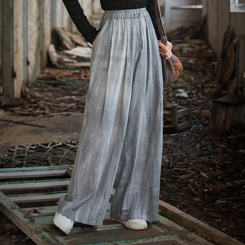 Buddha Stones Lässige, schlichte, lockere, handgemachte Batikhose aus Ramie-Baumwolle für Damen mit weitem Bein und Taschen
