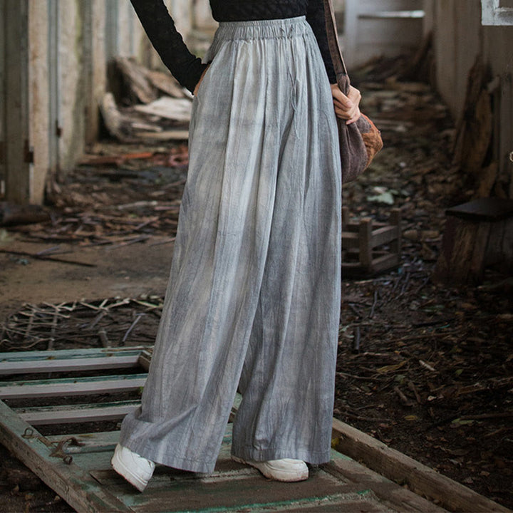 Buddha Stones Lässige, schlichte, lockere, handgemachte Batikhose aus Ramie-Baumwolle für Damen mit weitem Bein und Taschen