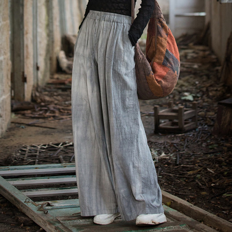 Buddha Stones Lässige, schlichte, lockere, handgemachte Batikhose aus Ramie-Baumwolle für Damen mit weitem Bein und Taschen