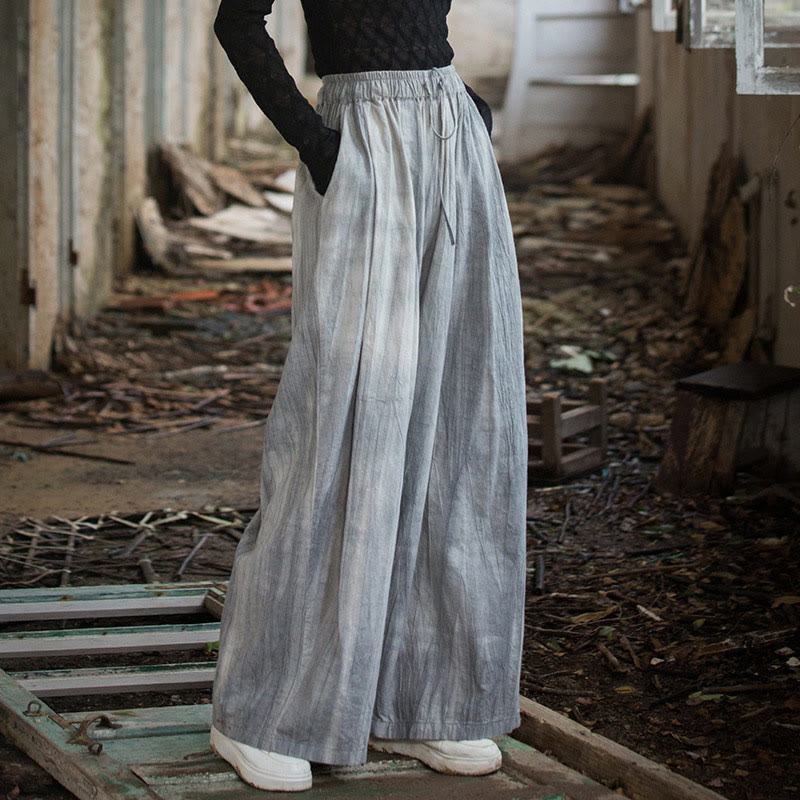 Buddha Stones Lässige, schlichte, lockere, handgemachte Batikhose aus Ramie-Baumwolle für Damen mit weitem Bein und Taschen