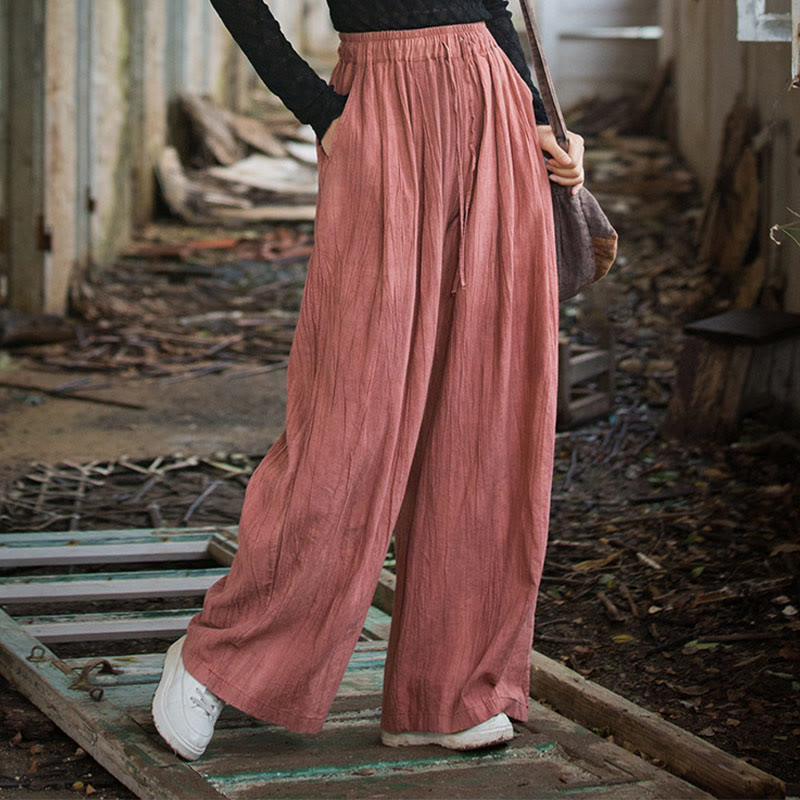 Buddha Stones Lässige, schlichte, lockere, handgemachte Batikhose aus Ramie-Baumwolle für Damen mit weitem Bein und Taschen