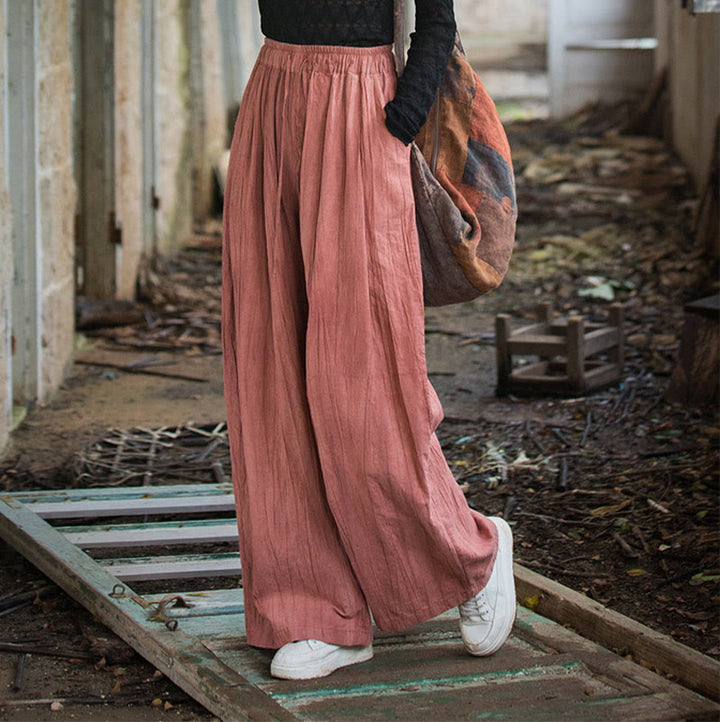 Buddha Stones Lässige, schlichte, lockere, handgemachte Batikhose aus Ramie-Baumwolle für Damen mit weitem Bein und Taschen
