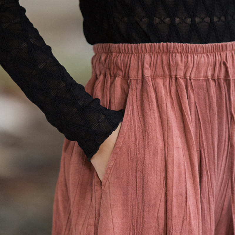 Buddha Stones Lässige, schlichte, lockere, handgemachte Batikhose aus Ramie-Baumwolle für Damen mit weitem Bein und Taschen