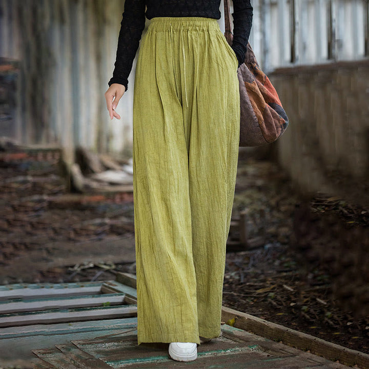 Buddha Stones Lässige, schlichte, lockere, handgemachte Batikhose aus Ramie-Baumwolle für Damen mit weitem Bein und Taschen