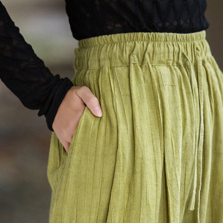 Buddha Stones Lässige, schlichte, lockere, handgemachte Batikhose aus Ramie-Baumwolle für Damen mit weitem Bein und Taschen