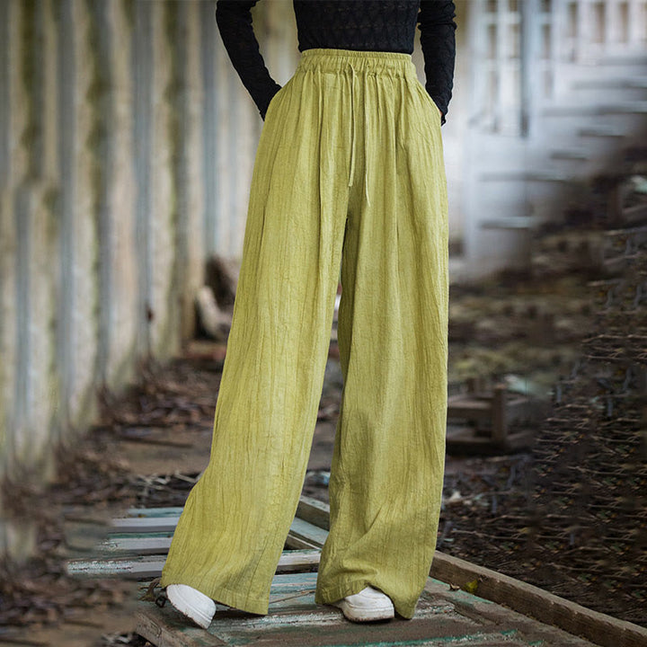 Buddha Stones Lässige, schlichte, lockere, handgemachte Batikhose aus Ramie-Baumwolle für Damen mit weitem Bein und Taschen