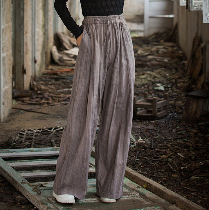 Buddha Stones Lässige, schlichte, lockere, handgemachte Batikhose aus Ramie-Baumwolle für Damen mit weitem Bein und Taschen
