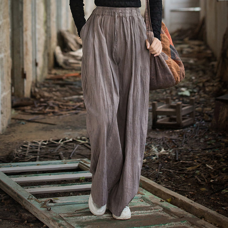 Buddha Stones Lässige, schlichte, lockere, handgemachte Batikhose aus Ramie-Baumwolle für Damen mit weitem Bein und Taschen