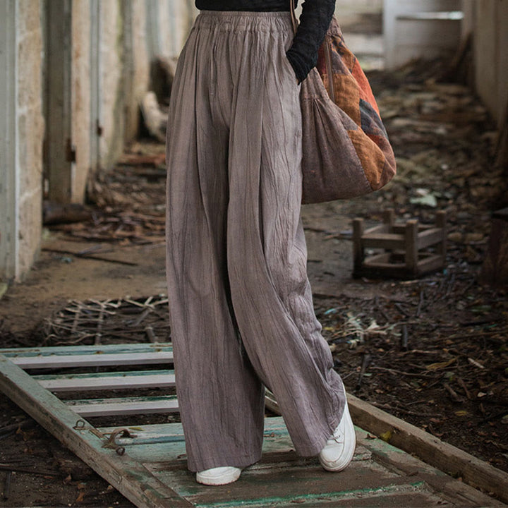 Buddha Stones Lässige, schlichte, lockere, handgemachte Batikhose aus Ramie-Baumwolle für Damen mit weitem Bein und Taschen